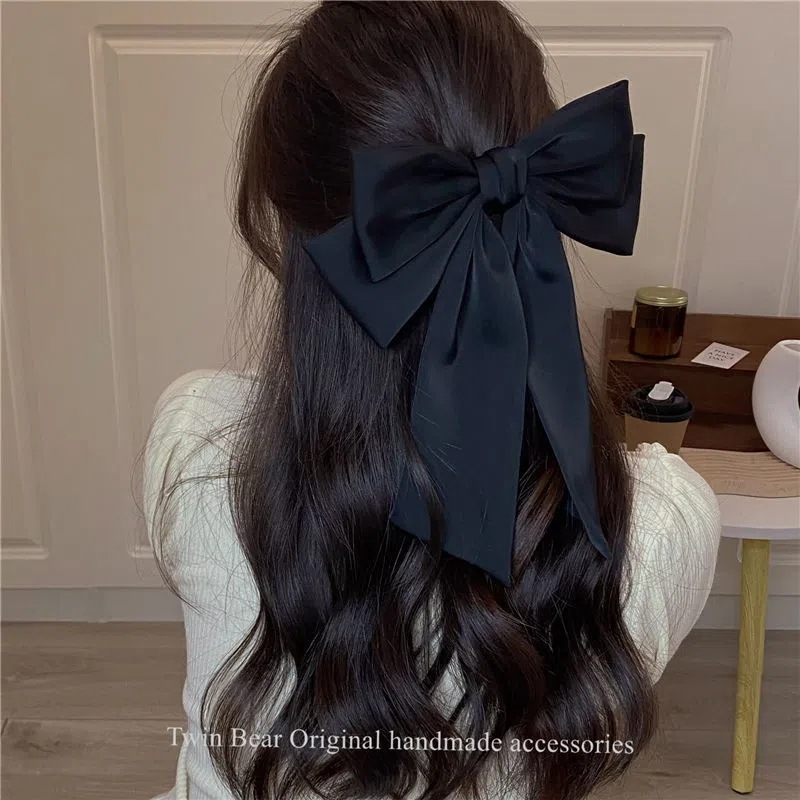 法式赫本风百搭通勤质感绸缎飘带黑色大蝴蝶结发夹发饰头饰细节图