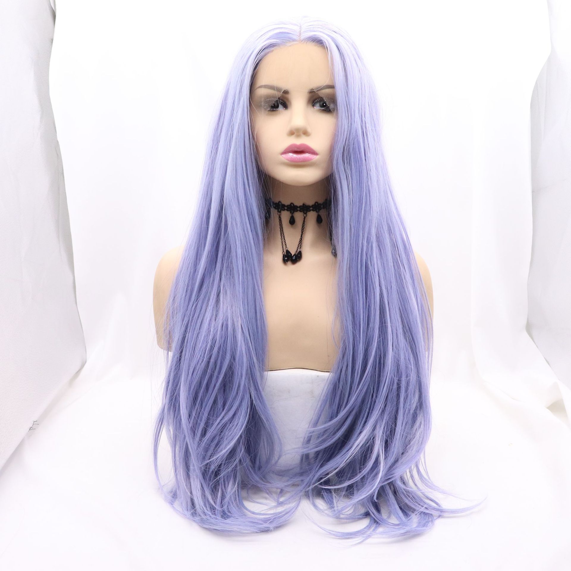A hot-selling purple daily long curly hair wig with lace and synthetic fiber in front on Amazon AliExpress Application Scenario
