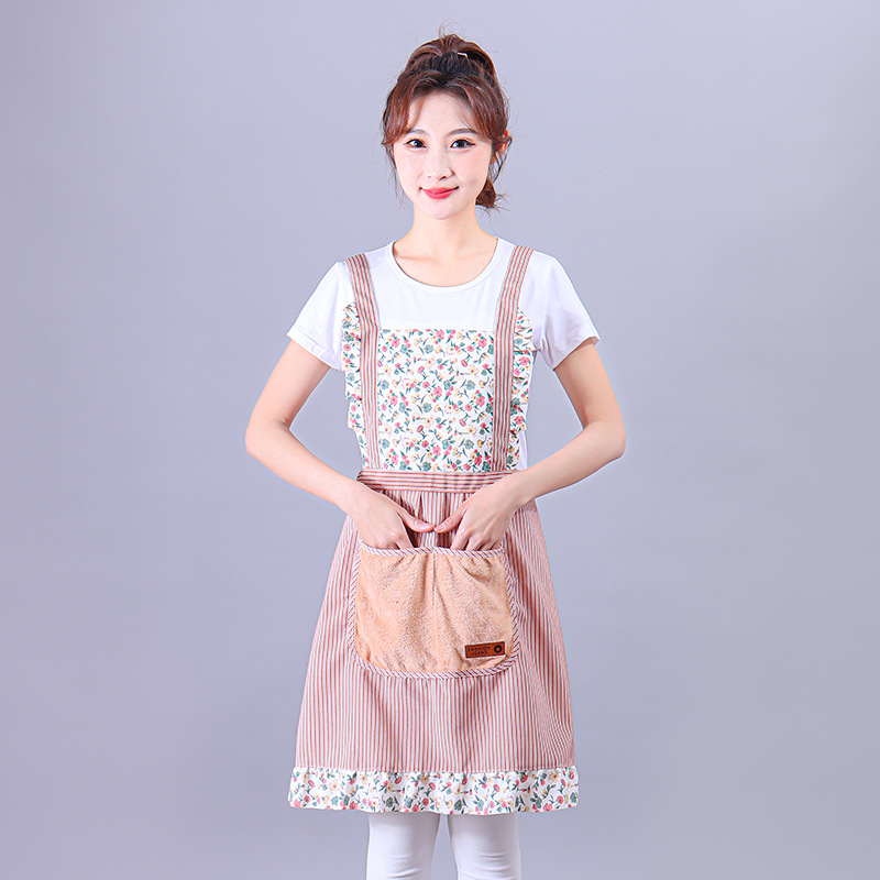 Fashion Floral Strap Apron Home Kitchen Adult Cooking Apron Large Pocket Hand Wipes Anti-Oil Apron Specification drawing