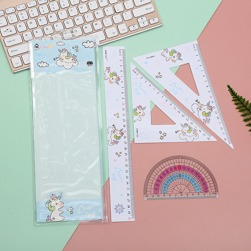 2021 new unicorn cartoon ruler set student set ruler, ruler, triangle protractor 4 pieces wholesale details Picture