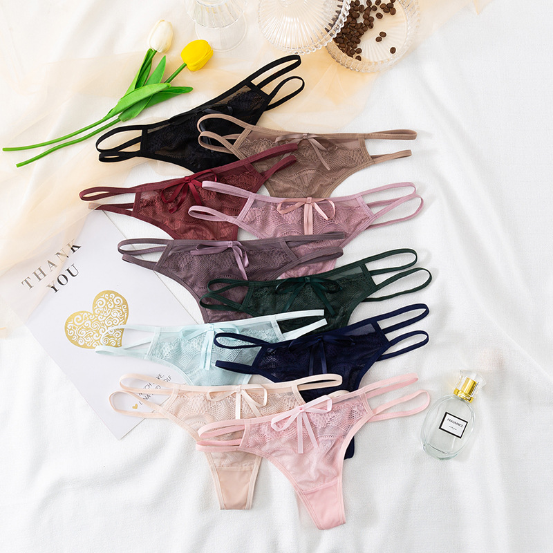 Cross-Border Factory Lace Transparent Sexy T Pants Thin Belt Hollow Temptation Underwear Fun Cotton File Low Waist Thong Female