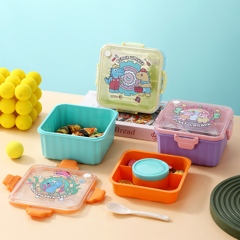 卡通方形学生手提密封餐盒上班族大容量卡扣分隔饭盒微波炉便当盒