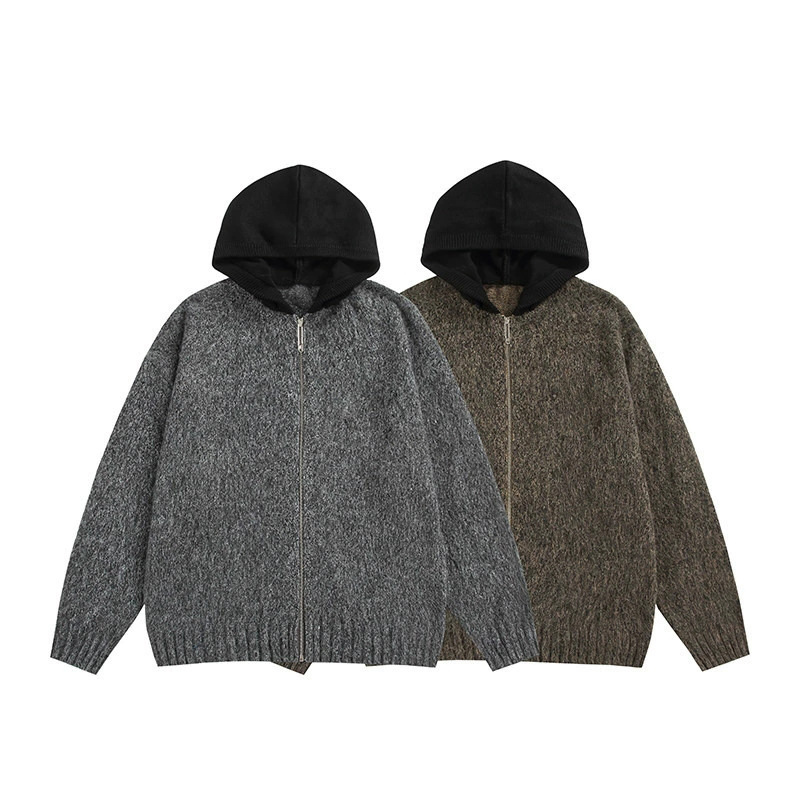 American streetwear brand mohair hooded zipper cardigan sweater men's autumn and winter street color-blocking laid-back loose jacket coat
