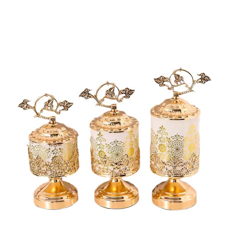 Gold Plated White Glass Storage Jar Printed Decoration Candy Jar Living Room Dry Fruit Storage Jar Three-Piece Swing Set Item Picture