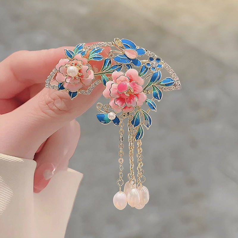 国风时尚珍珠牡丹花流苏胸针女旗袍汉服胸花外套大衣西装别针配饰