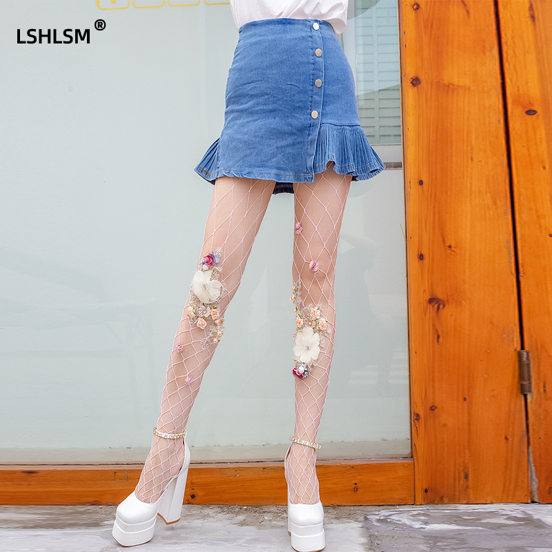 新款复古穿搭仙纯欲薄款花朵装饰连裤袜个性白丝小众大网网袜