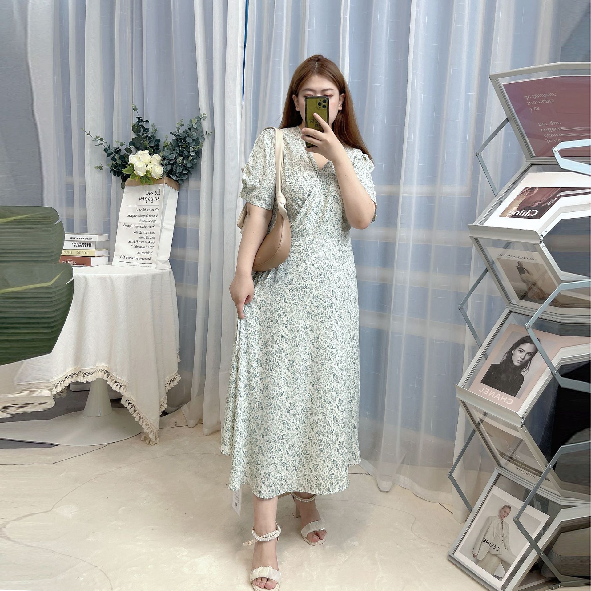 French floral print dress for women, V-neck one-piece tie slimming dress for women