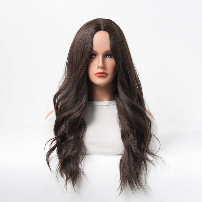 The big wave breathable wig is the same style of fashionable headwear. It's a popular face-trimming wig that looks realistic and natural. Long curly hair, middle parting for women