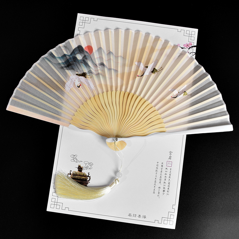 6-Inch Ladies Folding Fan Crane Picture Ancient Folding Fan Hanfu Cheongsam Folding Fan Chinese Folding Fan Summer Portable Small Fan Small Crane Xiangyun Dark Green Crane Picture Specification drawing