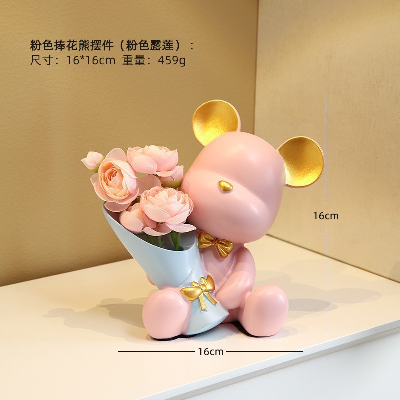 跨境创意捧花小熊摆件玄关客厅家居办公室酒柜桌面装饰工艺品批发