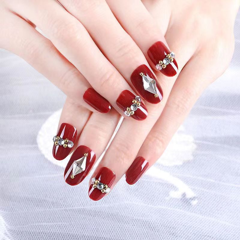 Tik Tok Red Nail Patch Fake Nail Patch Removable Wear Nail Nail For Student Bride Finished Nail Waterproof Band Drill details Picture