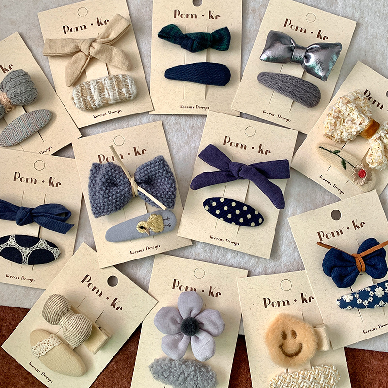 新款韩版布艺蝴蝶结发夹蓝色奶咖系格纹笑脸头饰边夹前额刘海夹