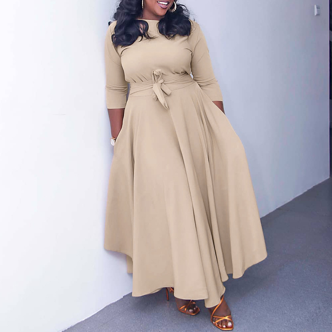 Q099 Cross-border Women's Clothing 2023 Autumn/Winter New Fashionable and elegant lace-up African plus-size MIDI dress for export details Picture