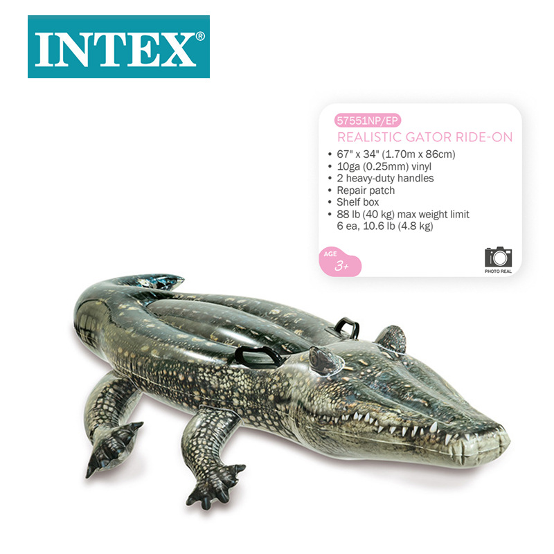 وجاء في الوثيقة INTEX57551 أن التمساح يجلس على ظهر بركة سباحة على طافية PVC على شاطئ حوض السباحة، ويركب على جملة على مقبض مضغوط