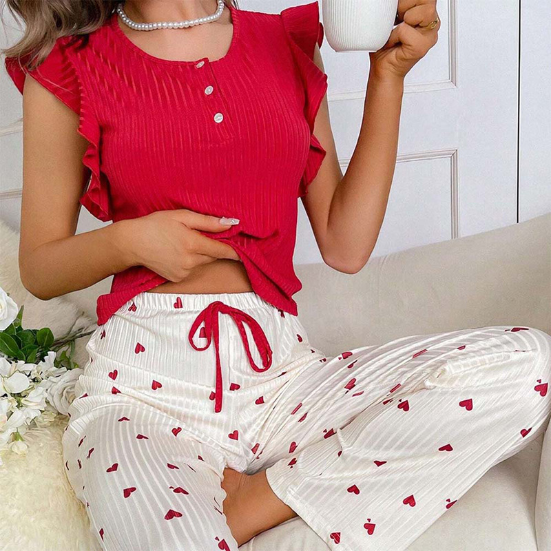 YANNI cross-border foreign trade women's home wear, heart-shaped printed long pants, ruffled casual fringes, can be worn outside. European and American pajamas, wholesale in the Middle East and South America Application Scenario