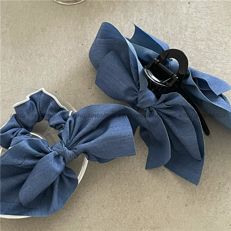 New style of stylish denim blue fabric bow bun hair clip, large and elegant large intestine circle hair band, ponytail hair tie
