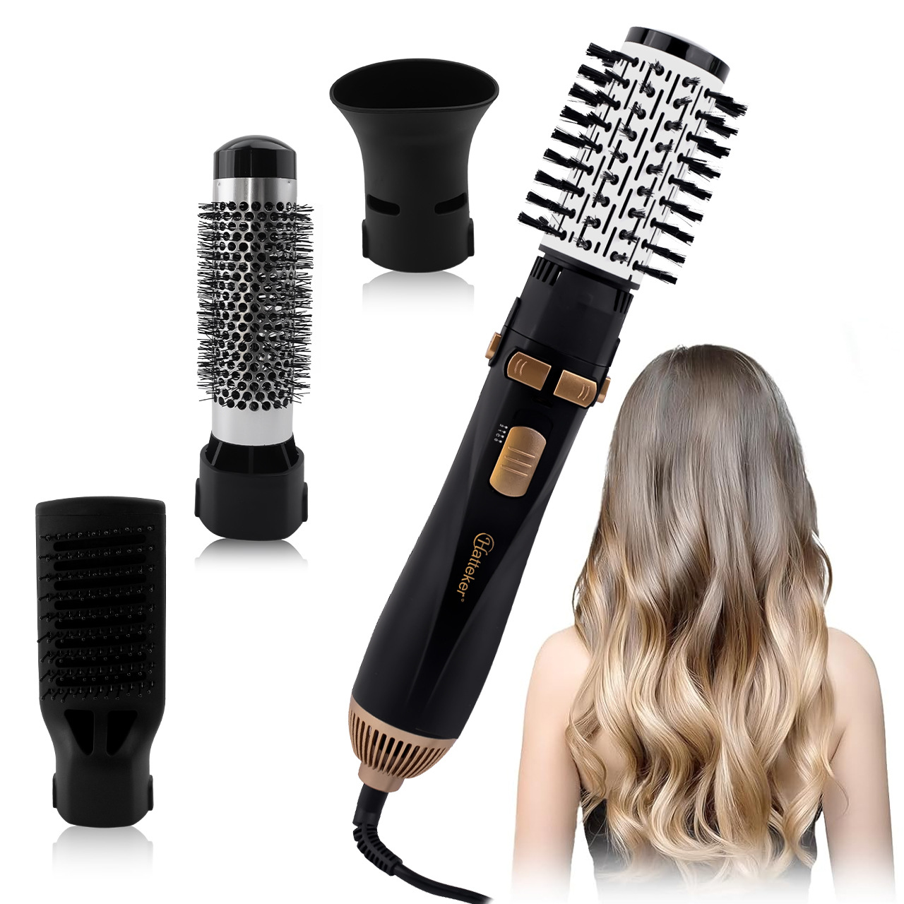 HATTEKER multi-functional straightening comb, curling and straightening dual-purpose, automatic rotating hot air comb, large wave 4-in-1 curling iron, hair dryer, cross-border