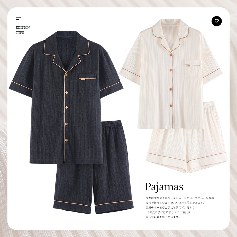 Couple pajamas, women's summer short sleeves and shorts, casual and loose, Korean style simple cartoon cute, pure cotton men's home wear details Picture