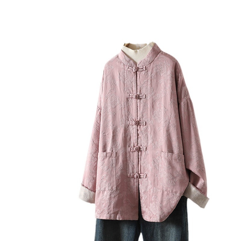 A Chinese-style cotton and linen button-up top for women, featuring a retro and artistic Chinese style with a front-opening, button-up, stand-up collar and long-sleeved cotton and linen shirt coat Item Picture