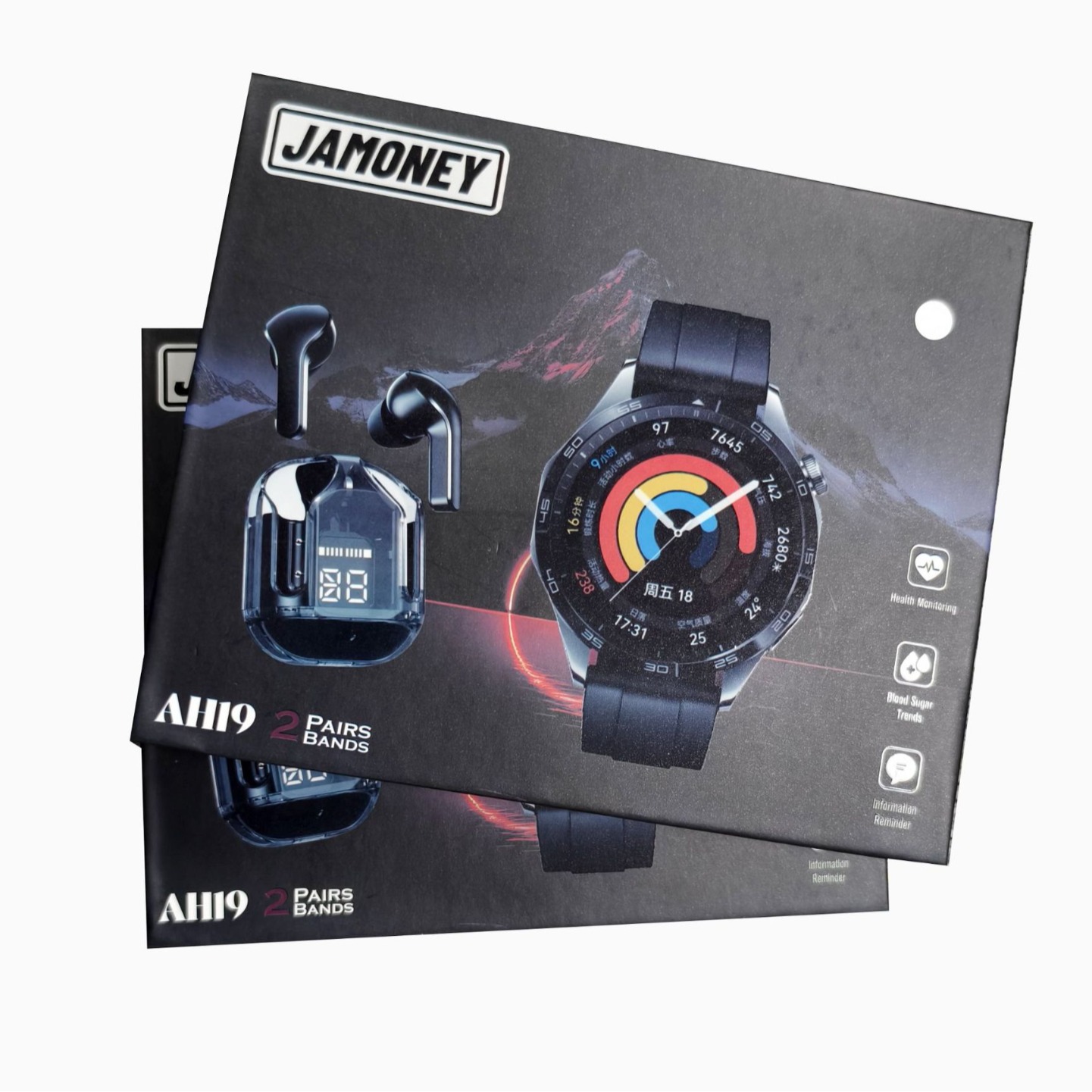 跨境电商AH19智能手表套盒圆盘蓝牙手表+透明1代耳机运动心率血压