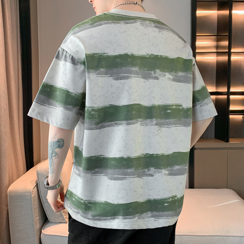 Loose and casual short-sleeved T-shirt, men's round-neck striped summer thin half-sleeved base layer, men's trendy cotton top Application Scenario