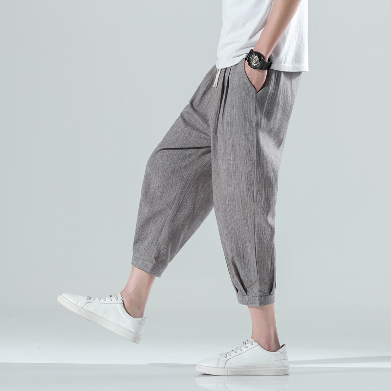 Men's thin cotton and linen seven-inch pants, men's pluse-sized ice silk casual pants, men's straight-leg Halon pants, beach pants