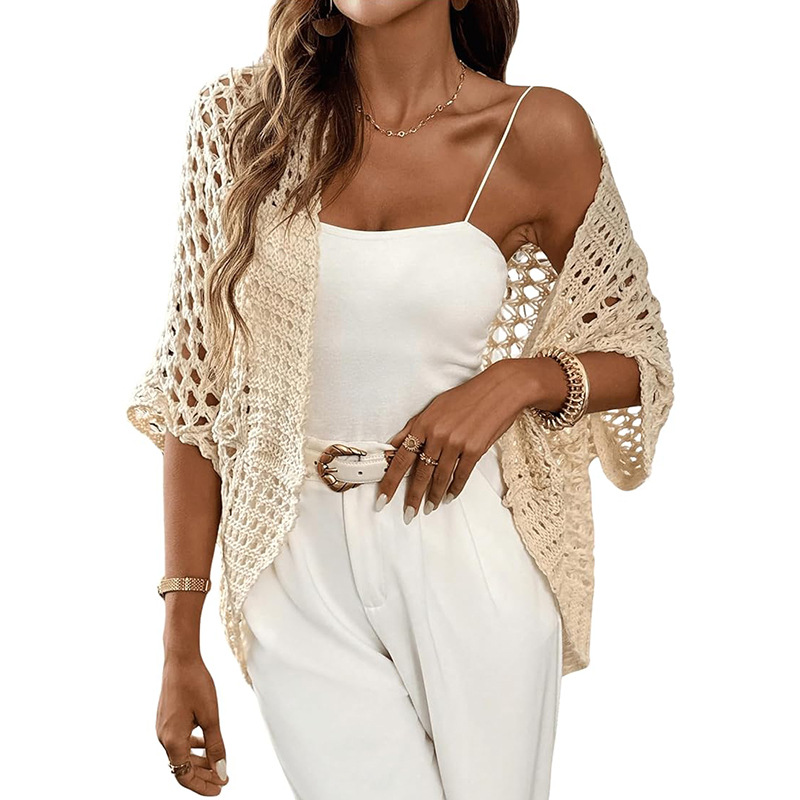 跨境欧美女装针织衫披肩外套镂空毛衣宽松纯色半袖短款上衣详情图5