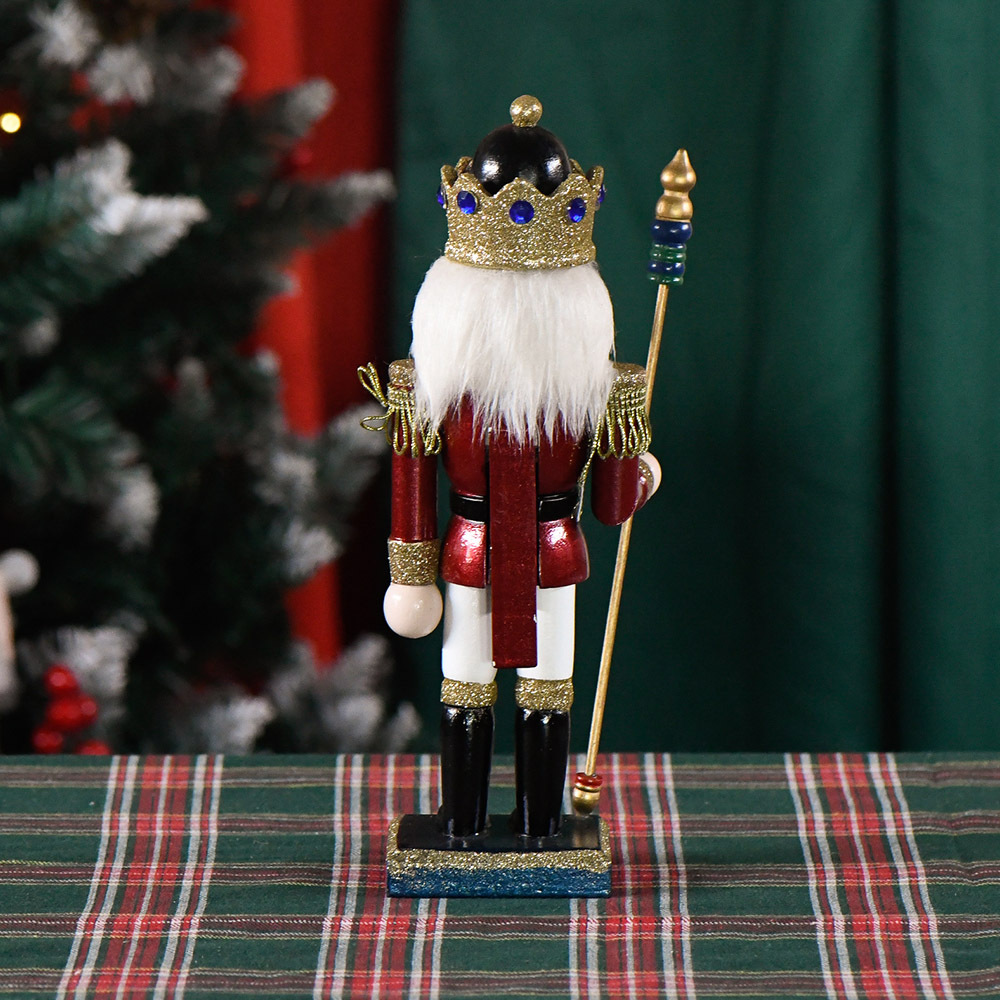 Walnut Soldier's new cross-border 25CM red body white feet Royal staff Nutcracker Christmas atmosphere figurine Wooden figure Application Scenario