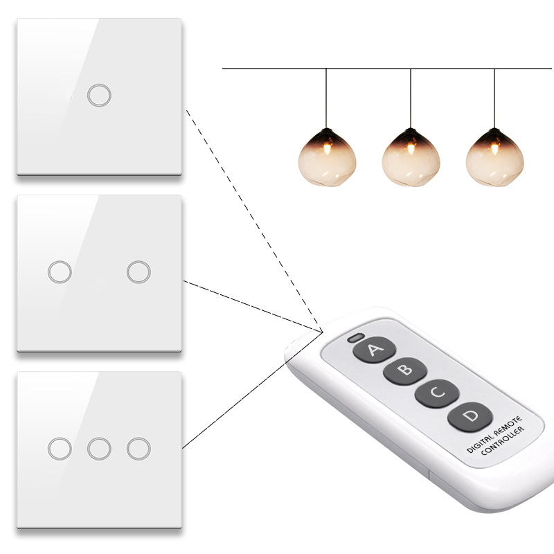 European standard 86 touch remote control switch, tempered glass panel, radio frequency 433 remote control single live wire switch with remote control details Picture