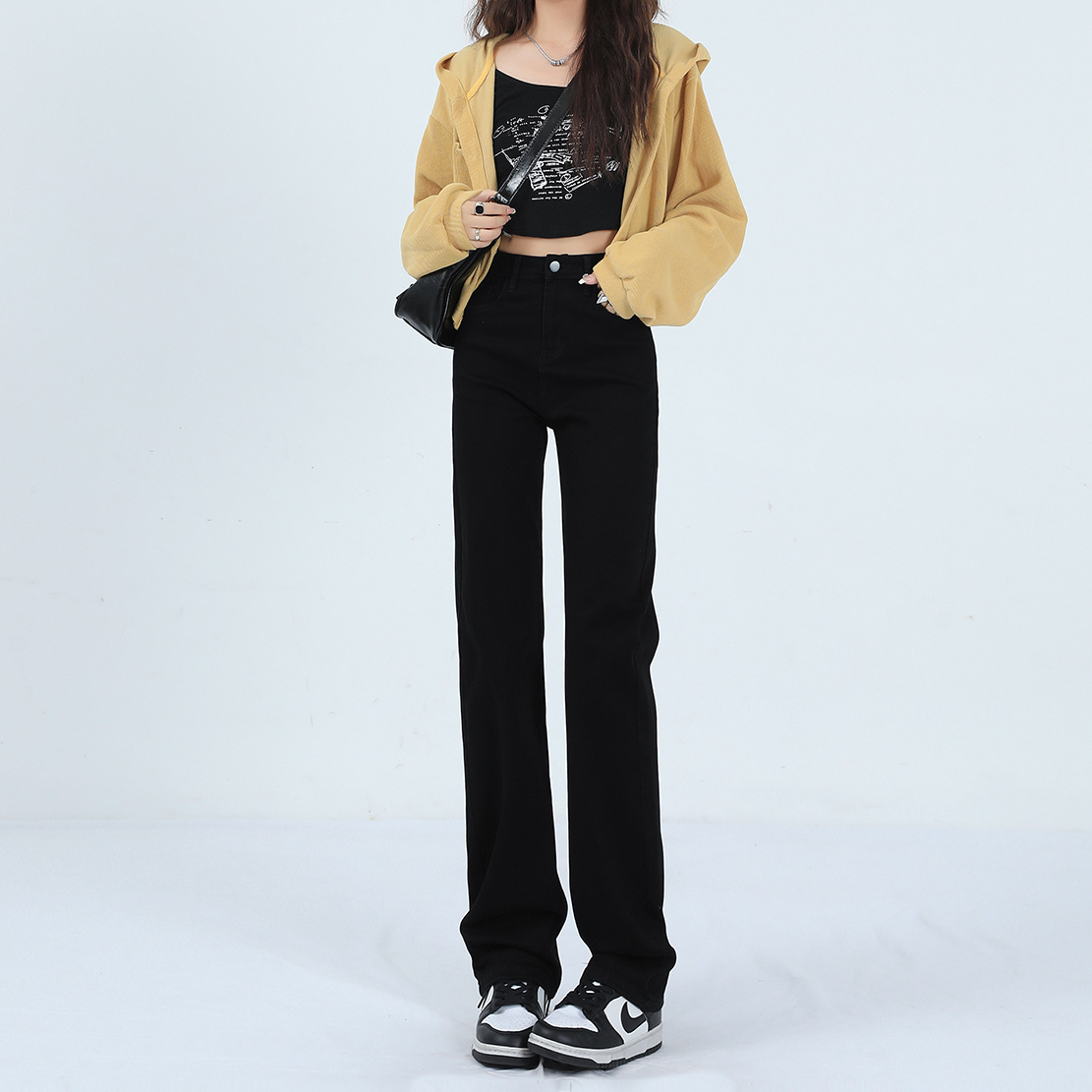 Black long pants, tall and thin flared jeans, women's floor-length spring and autumn new stretch slim pants, American style design details Picture