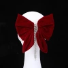 Ethnic style wine red bridal style hair clip, versatile tassel spring clip, red velvet bow hair accessory at the back of the head details Picture