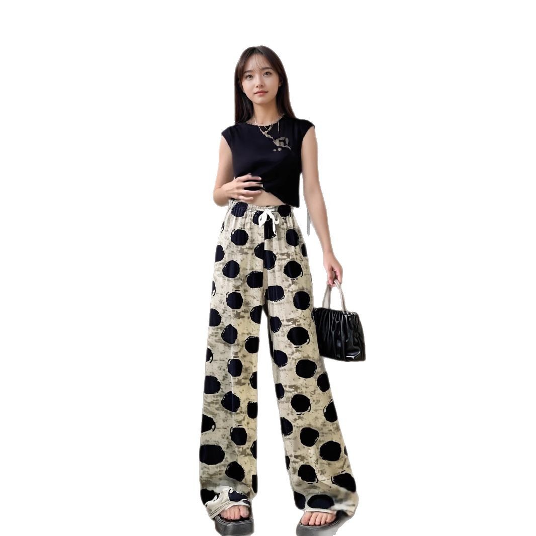Women's pocket pocket new Chinese-style summer thin Chinese-style ink-wash printed draping ice silk wide-leg pants Item Picture