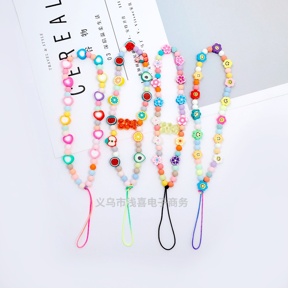 European and American soft clay phone chain, colorful fruit anti-loss creative phone case hanging decoration, flower heart phone lanyard