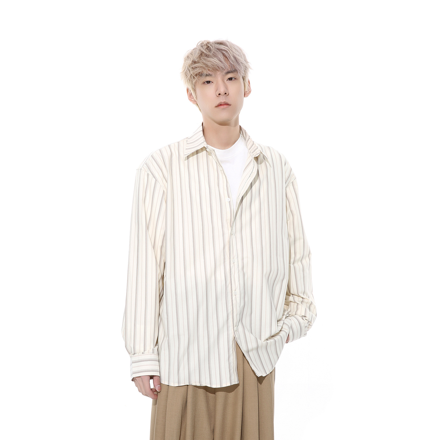 MTLCLOTHES men's Wear: New Spring 2024 collection - Japanese-style simple vertical striped loose casual long-sleeved shirt