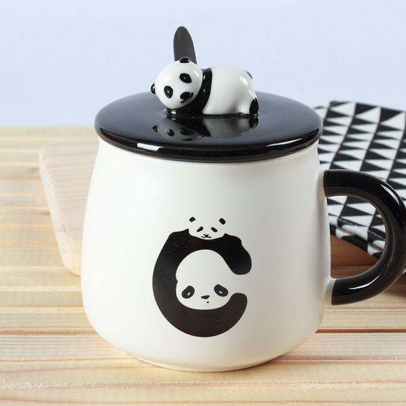 Home High Appearance Level Cartoon Creative Cute Animal With Lid Spoon Panda Ceramic Mug Student Dormitory Office details Picture