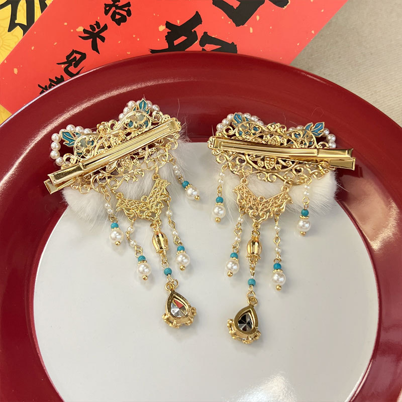 Lion Lion Tassel New Year Hairpin Side Clip Back Head Clip Hanfu Daily Accessories Cute Red Headdress New Year Specification drawing