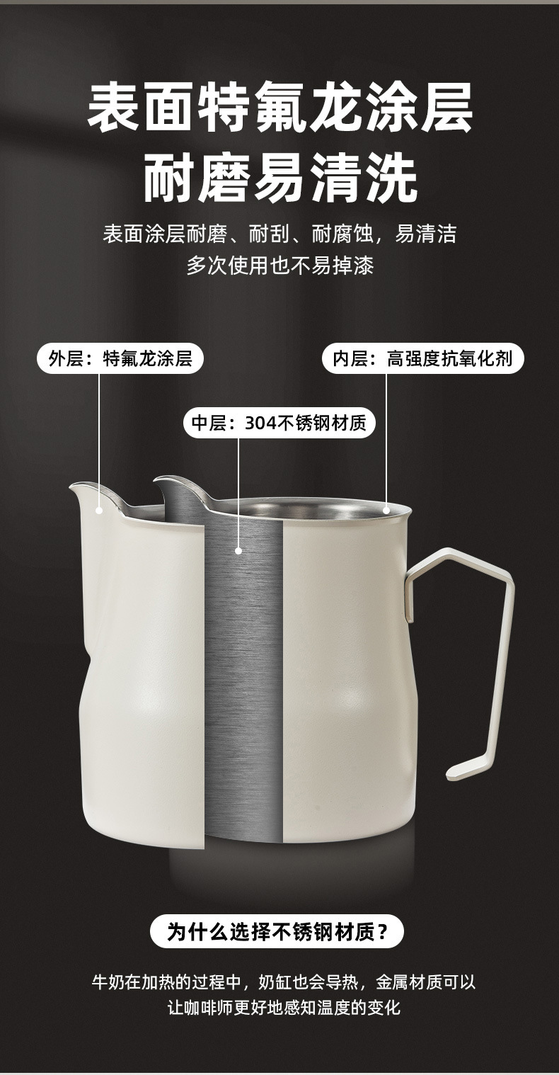 源头工厂打奶缸不锈钢彩色特氟龙拉花杯意式咖啡奶泡缸杯详情3