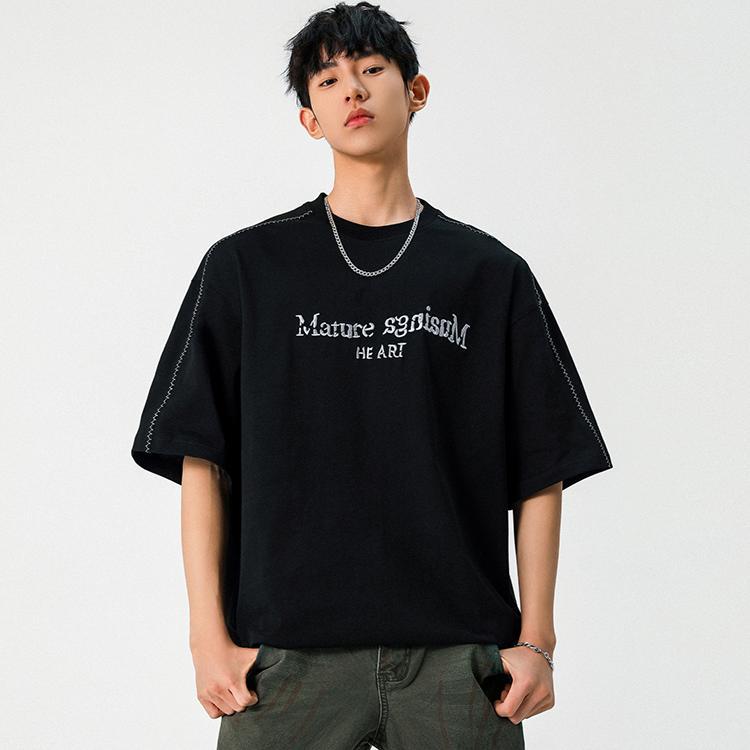 Bright thread color-blocking design pure cotton short-sleeved T-shirt for men, summer texture, broken letter embroidery high street half-sleeved T-shirt
