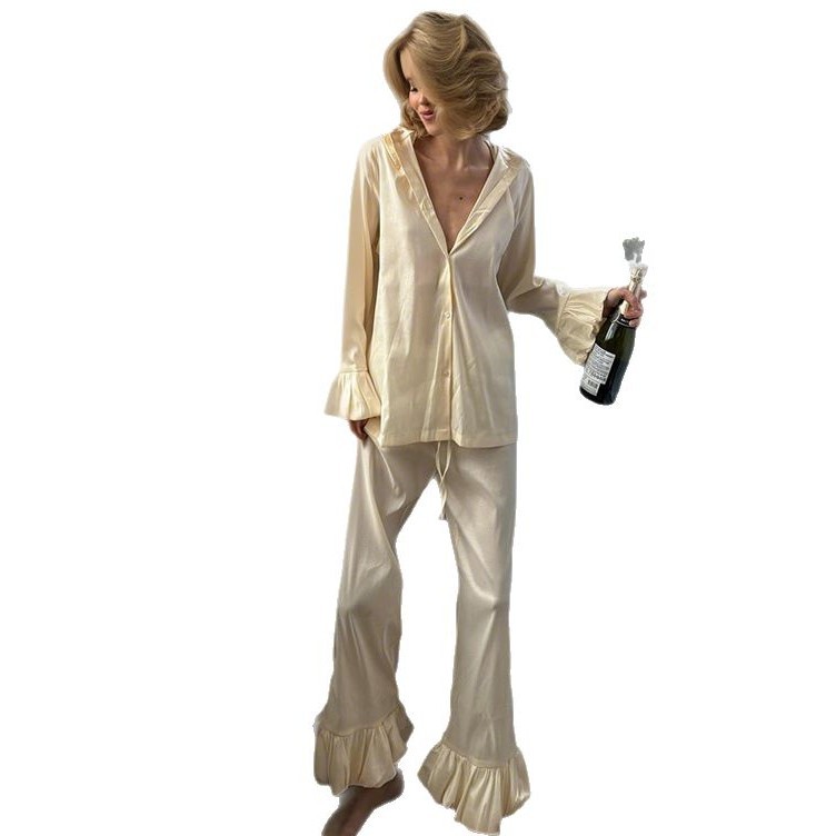 Solid color flared sleeve long pants set, 2025 new spring cross-border style single-breasted comfortable and casual set for Europe and America Item Picture