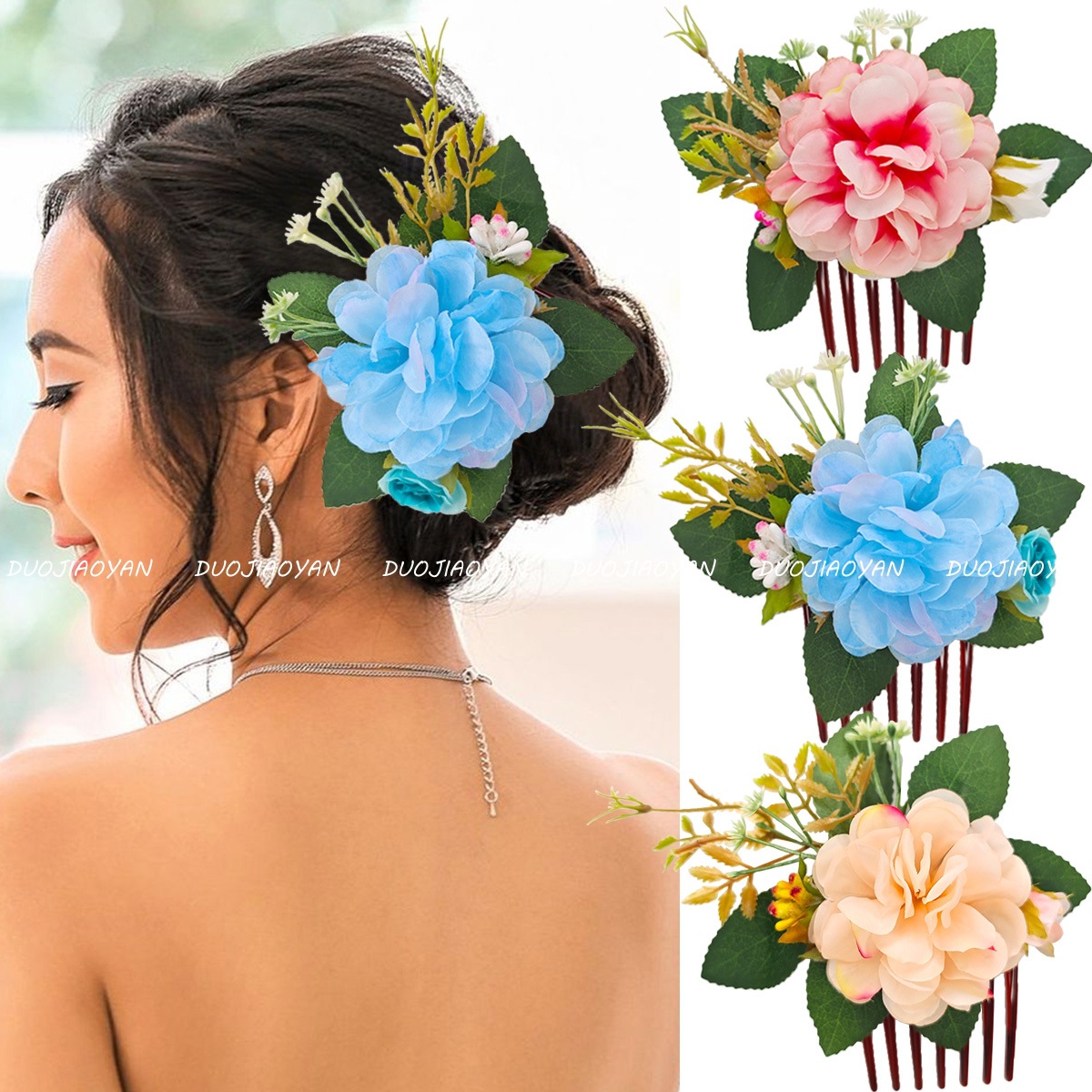 Hawaiian cross-border best-selling peony flower hair comb, beach vacation style hair accessory, realistic flower three-dimensional insertion comb for women Specification drawing