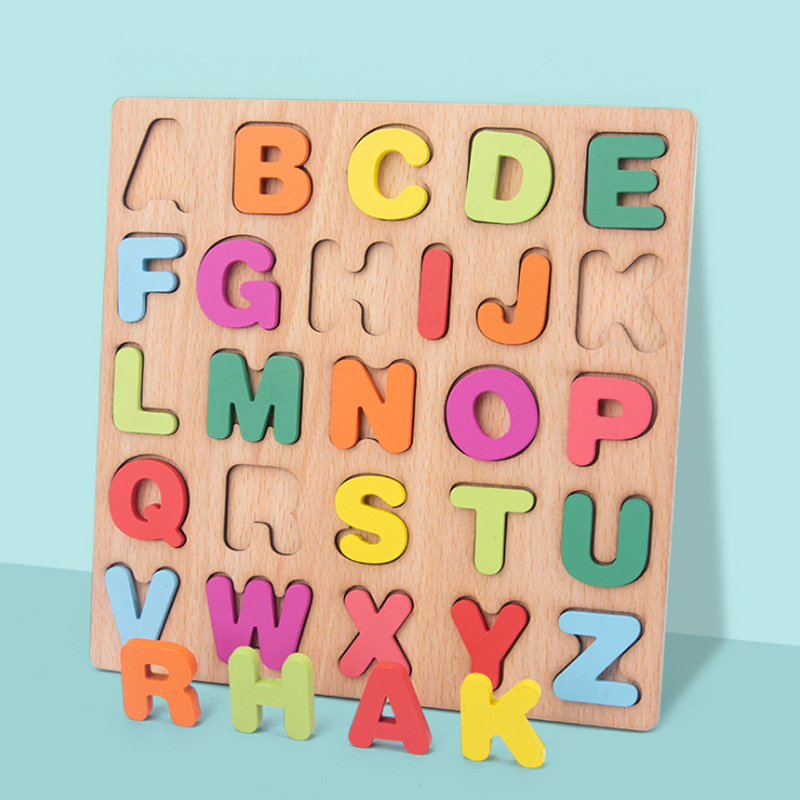 字母拼图立体数字板儿童益智几何形状配对积木手抓板木质玩具批发详情图2