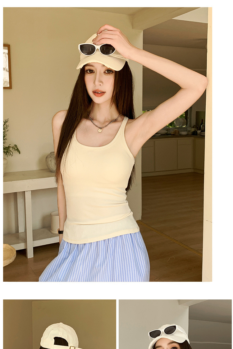 H136吊带背心女夏季辣妹美式性感修身显瘦无袖U领带胸垫内搭上衣详情10