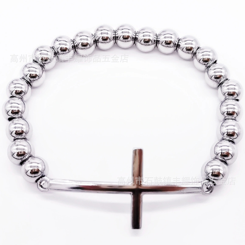 跨境热卖8mm不锈钢串珠加十字架弯牌手链圆珠手链diy弹力绳手链详情38
