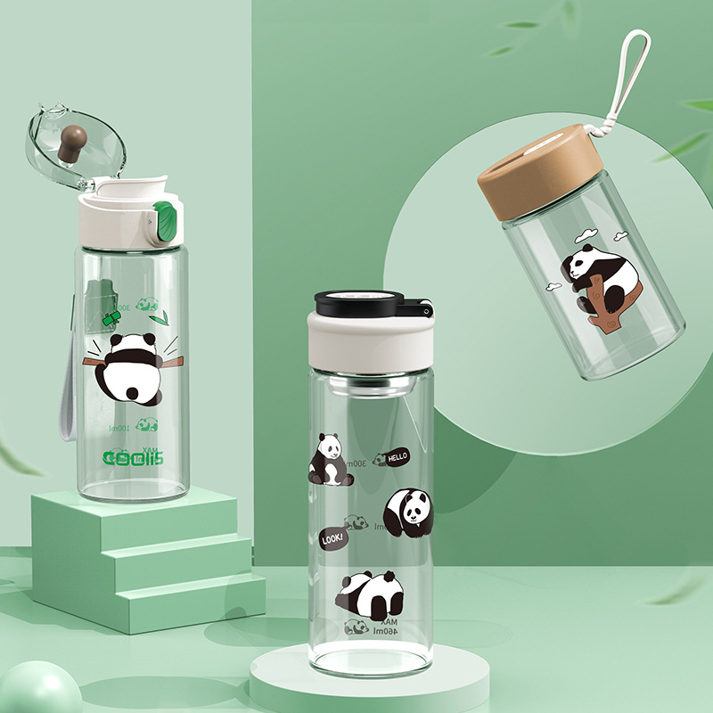 迷你小巧卡通熊猫玻璃水杯茶水分离小礼品批发货源高硼硅随手杯子