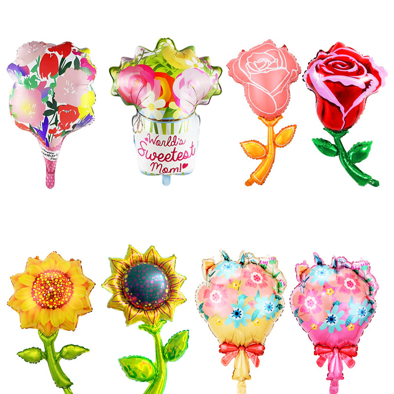 跨境母亲节花束气球彩色花朵造型铝膜气球手捧花气球情人节玫瑰花图