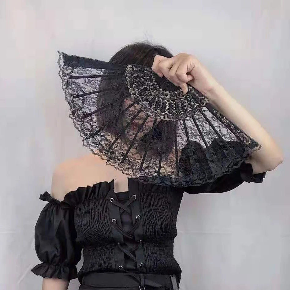Japanese Lolita Vintage Black And White Lace Lolita Folding Fan Tea Party Feather Fan Ancient Style Internet Celebrity Item Picture