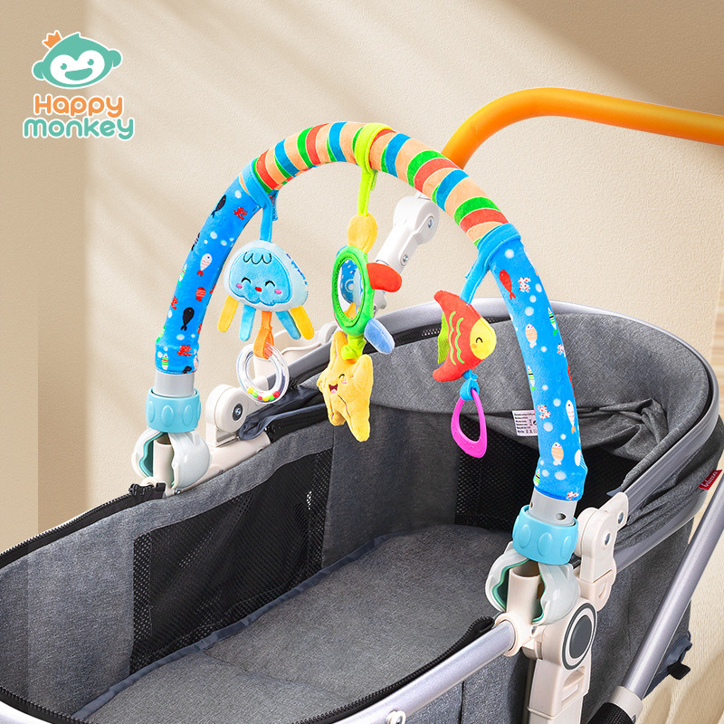 Happy monkey Baby Hanging Bed Bell Rattle, Newborn Bed Clamp, Car clamp Hanging Ornament, Baby Soothing toy Application Scenario