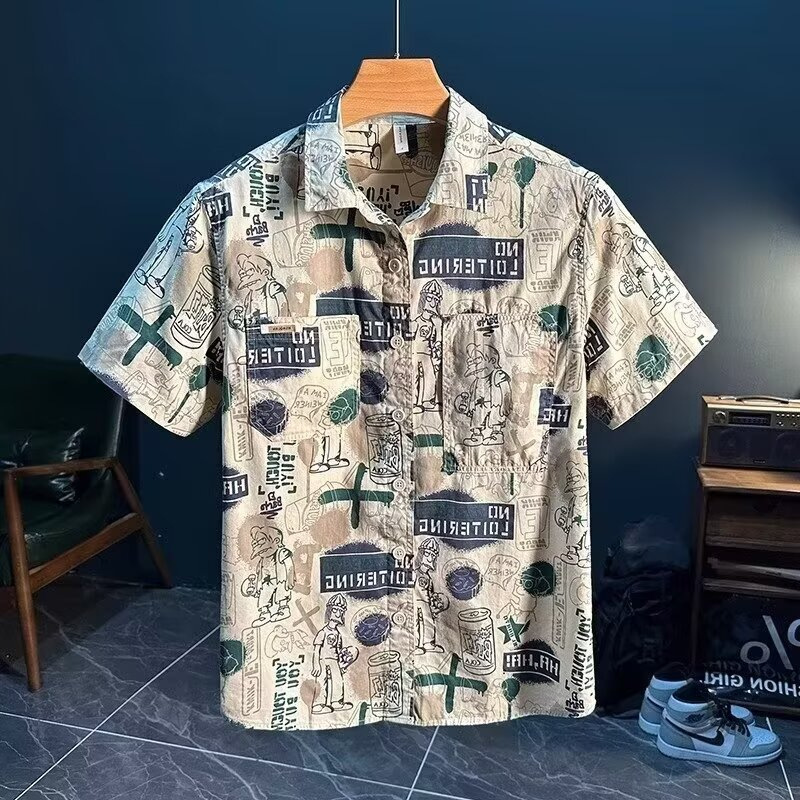 New trendy and personalized graffiti short-sleeved shirt, men's casual and artistic shirt, cool and loose Hawaiian vacation top