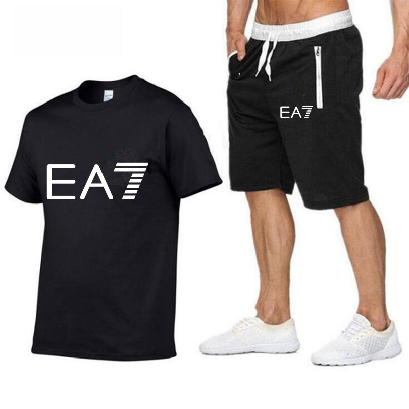 Amazon sportswear set, European and American trendy brand EA7 printed round-neck short-sleeved men's casual short-sleeved T-shirt + capri pants