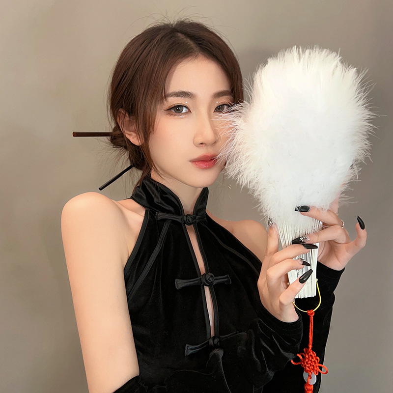 Feather Fan Antique Black Lace Female Cheongsam Catwalk Folding Fan Hanfu Fan Dance Fan Retro Chinese Halloween Style details Picture